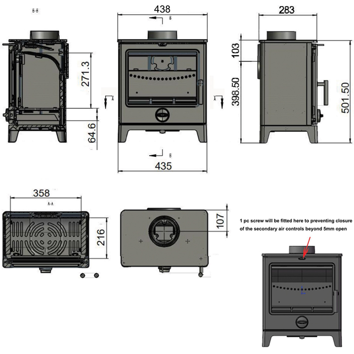 Derwent 136 stove technical dimensions