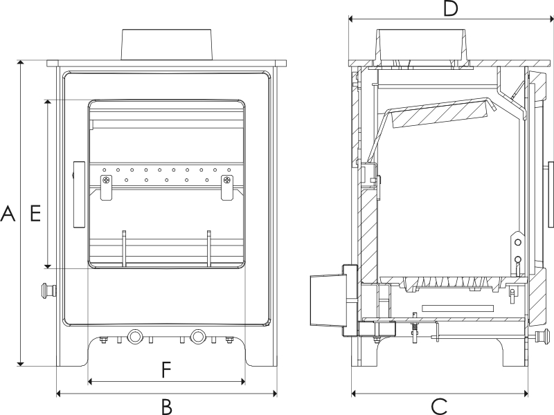 Lowry 5 stove technical dimensions