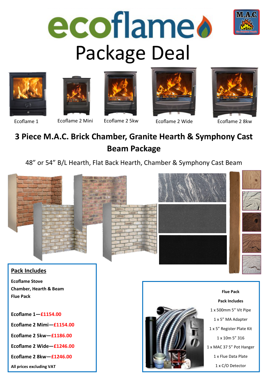 Ecoflame MAC Brick Chamber Granite Hearth and Symphony Cast Beam Package