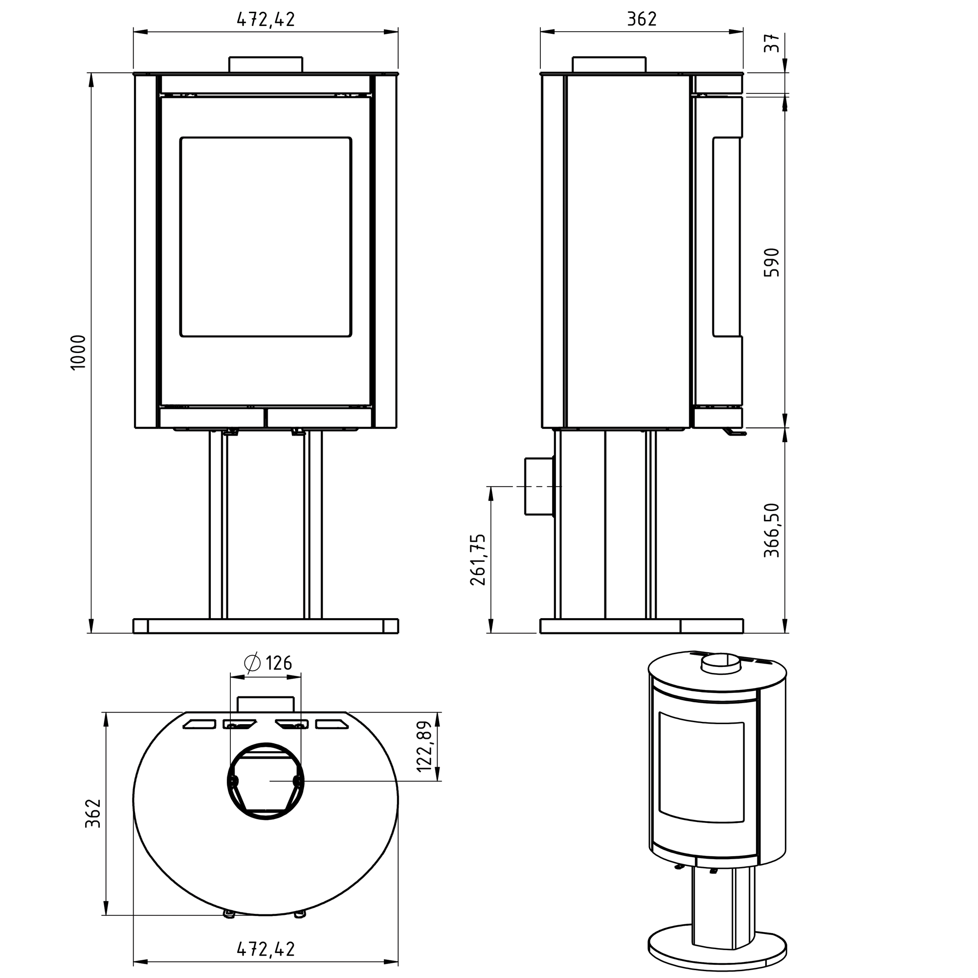 Ovale P pedestal burner technical dimensions